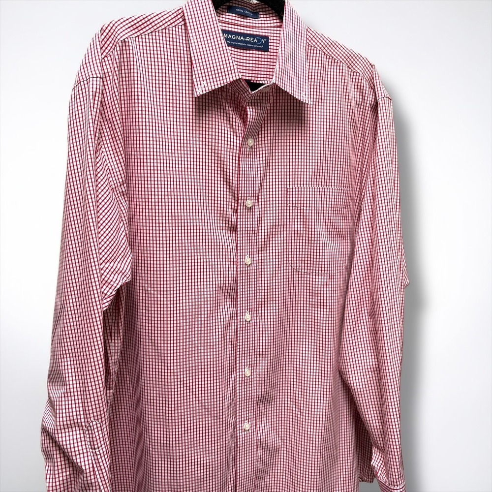 MagnaReady Mens Red Gingham Magnetic Closure Long Sleeve Cotton Shirt Large - Picture 2 of 9